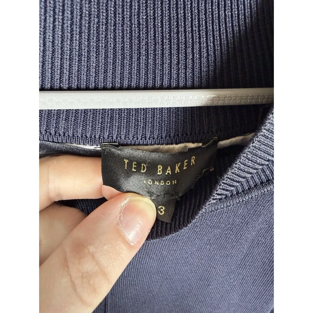 Ted Baker Womens Size 3 Navy Mock Neck Sweater Layered White Shirt Hem Popila